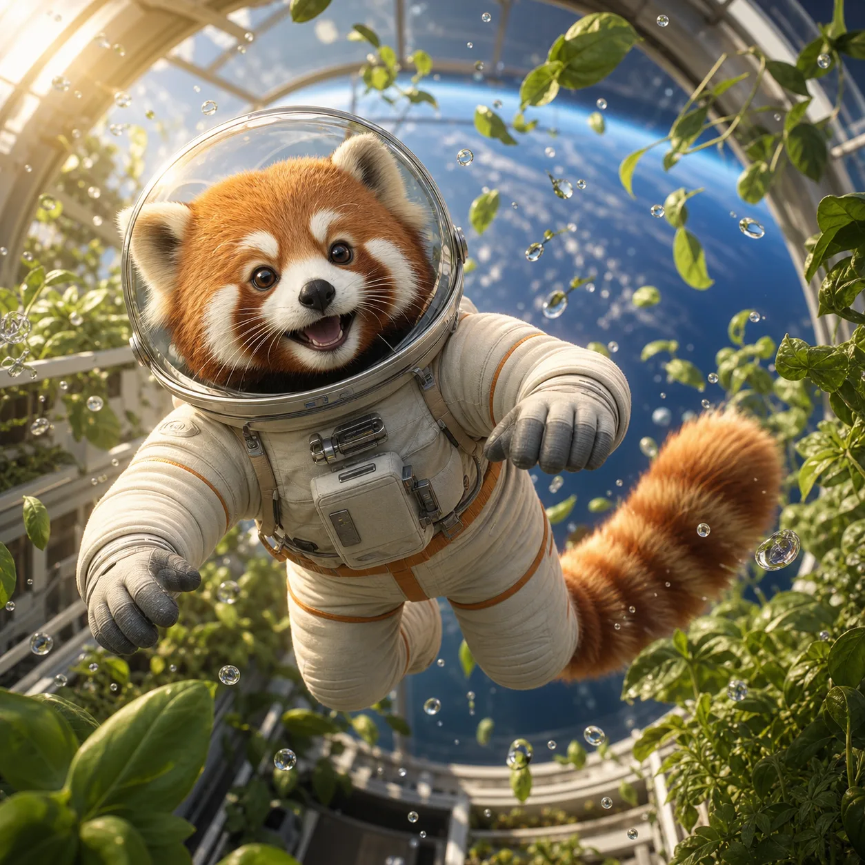 Red panda astronaut floating among plants in an orbital greenhouse