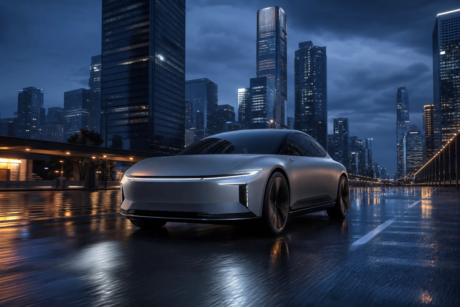 Silver electric concept car in a rain-lit city at blue hour