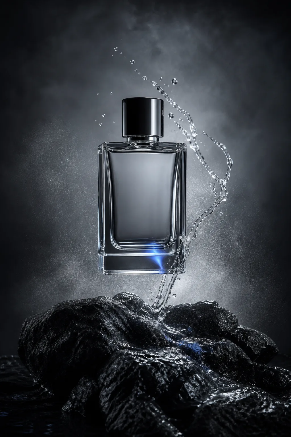 Clear perfume bottle hovering over black volcanic stone and mist